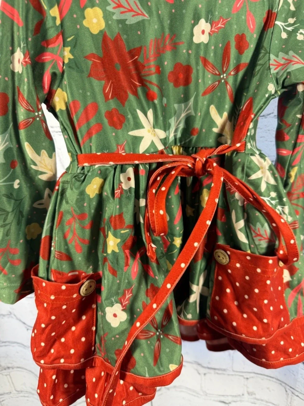 cheeky plum Christmas Green Floral Dress with Red Polka-Trim